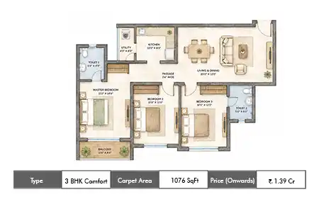 Purva Emerald Bay 3 BHK floor plan, 1076 sq ft carpet area
